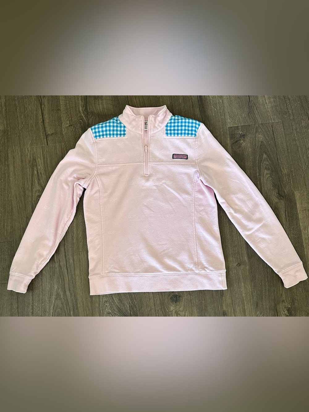 Vineyard Vines Quarter-Zip Pullover Shep Shirt Pink with Blue Gingham Shoulders